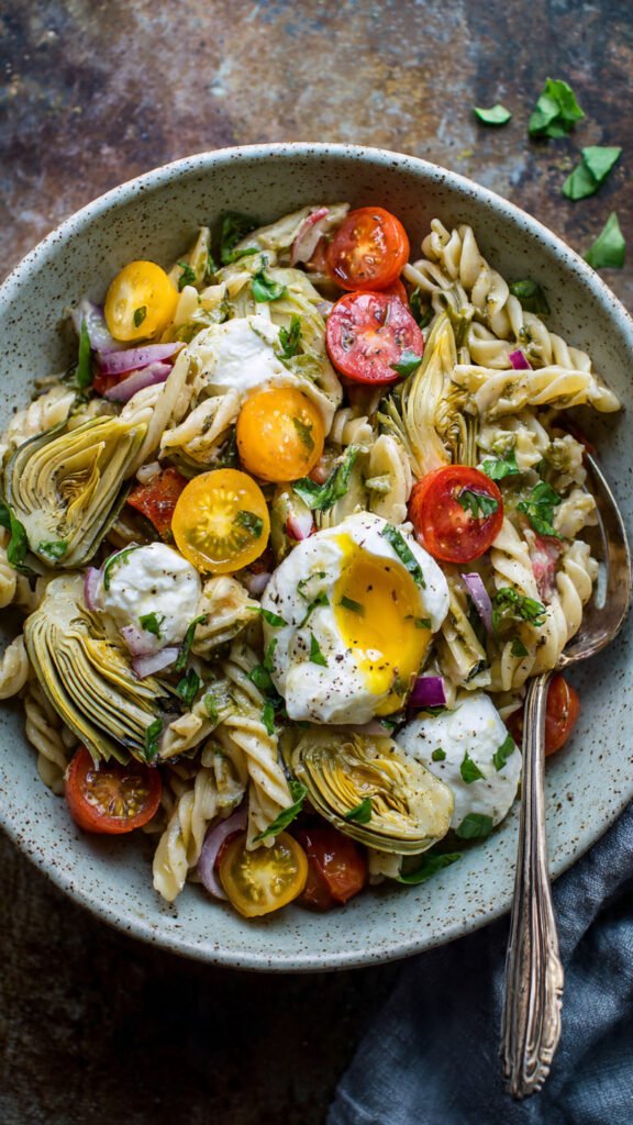 Artichoke Burrata Pasta Salad with Charred Meyer Lemon Vinaigrette