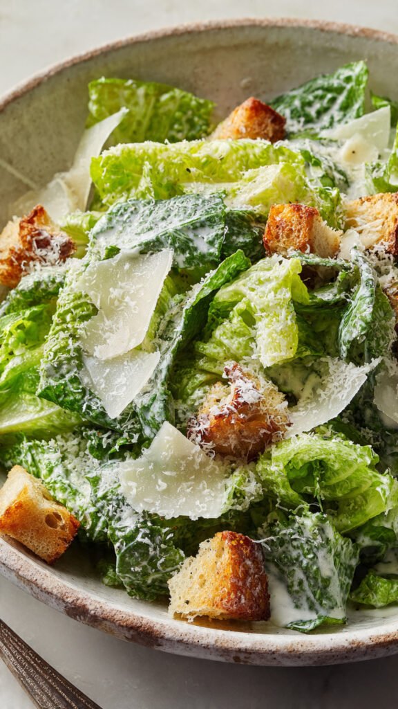a classic caesar salad with crisp romaine croutons