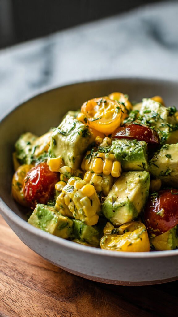 a colorful bowl of avocado corn salad with creamy