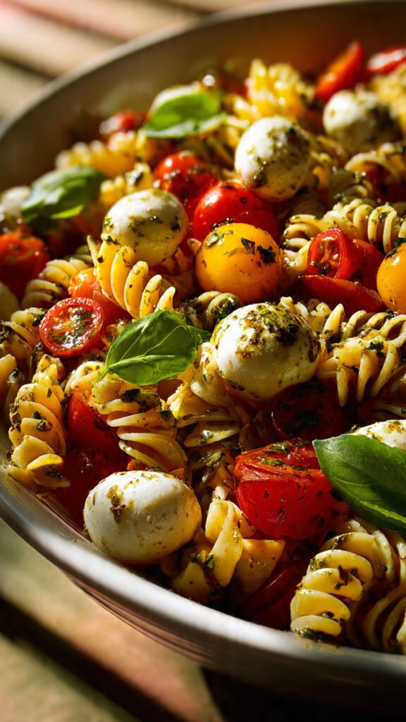 a colorful pasta salad with cherry tomatoes mozzar