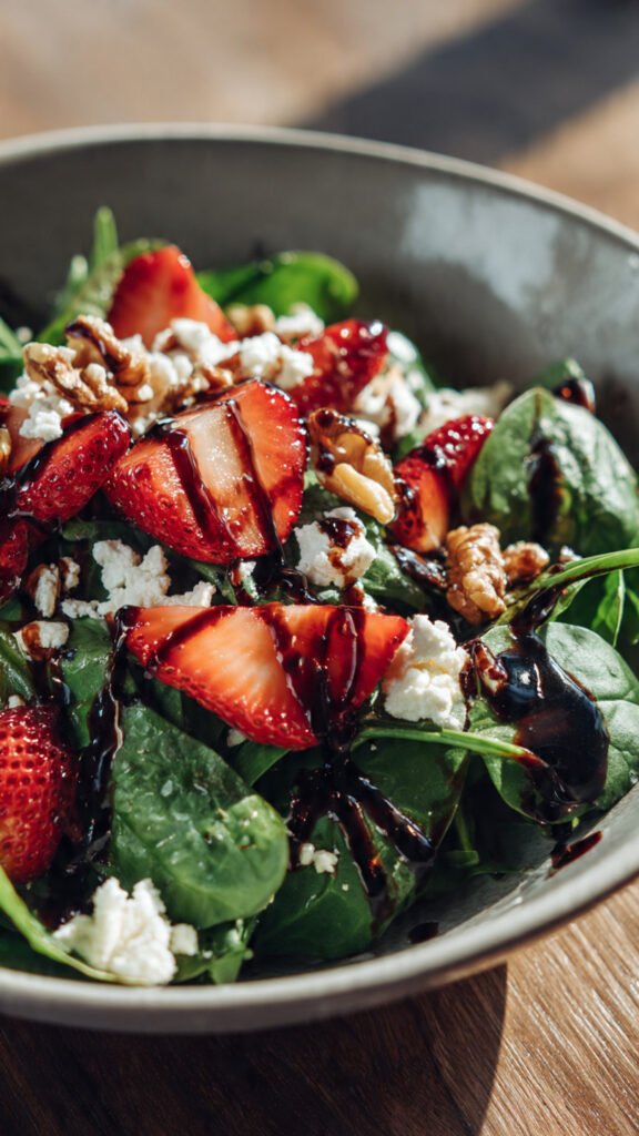 a fresh spinach salad topped with sliced strawberr