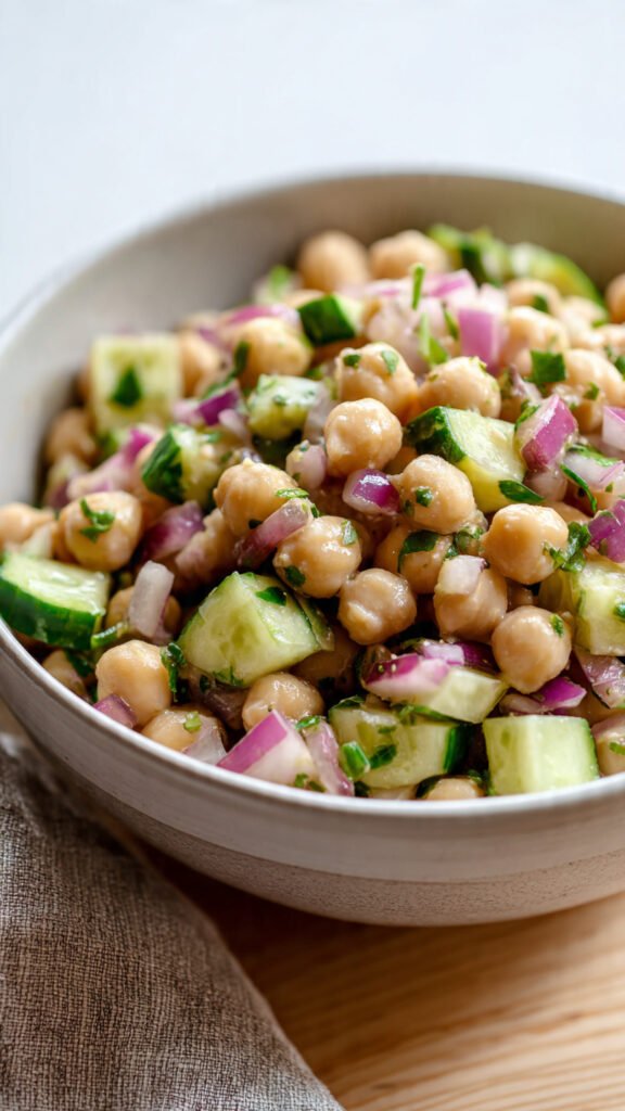 a hearty chickpea salad with diced cucumbers red o