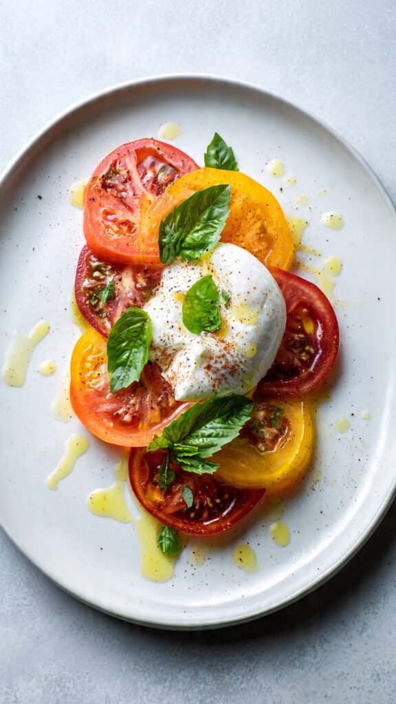 a minimal plate with sliced heirloom tomatoes and