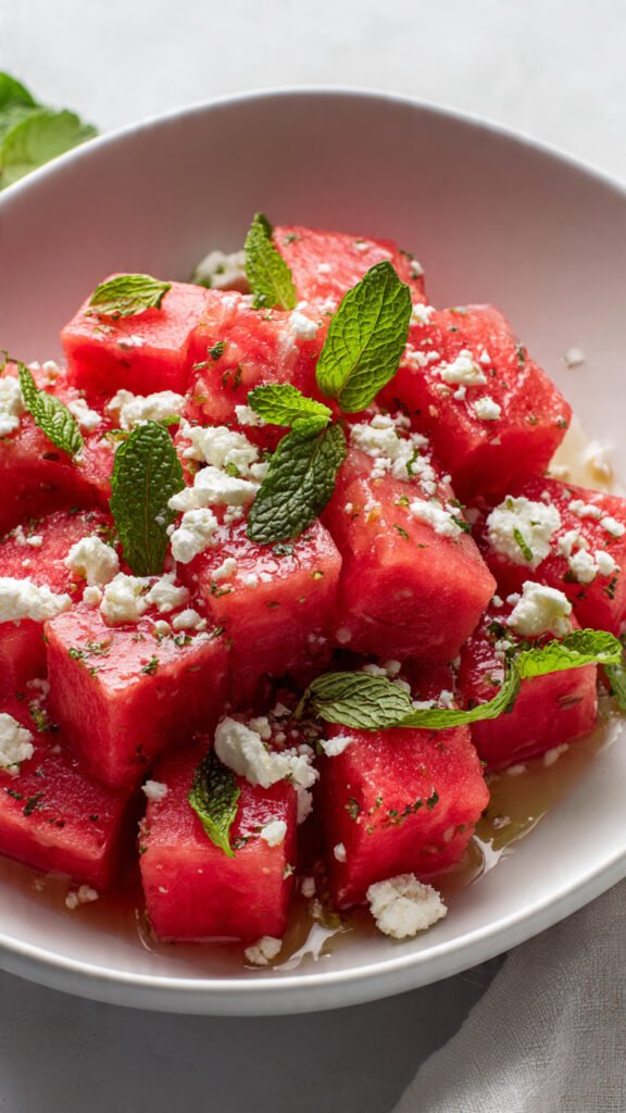 a refreshing watermelon salad with bright red cube