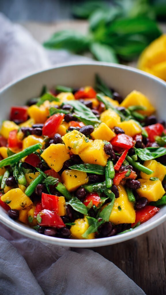a vibrant salad with golden mango cubes black bean